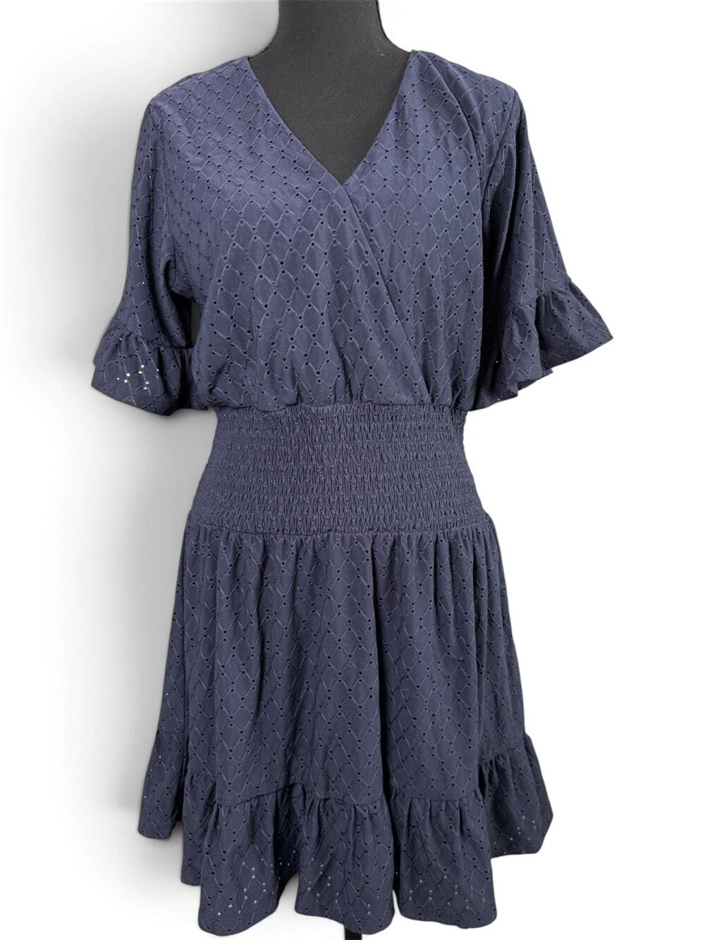 Michael Kors Navy Blue Eyelet Mini Dress Womens Size M Smocked Waist Ruffle Boho